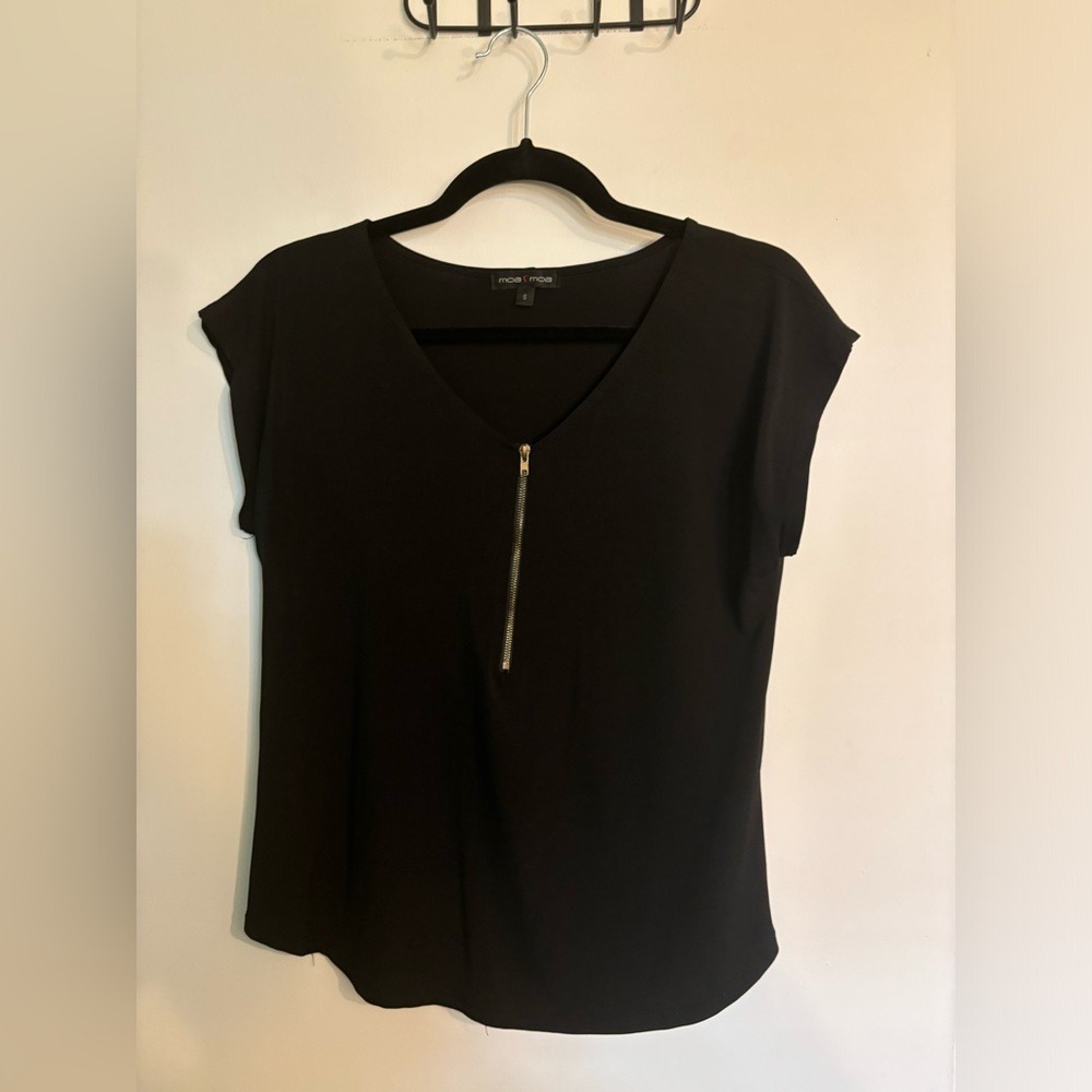 Moa Moa Womens Small Top Zipper Detail Short Sleeve Stretchy‎ Top Office Casual